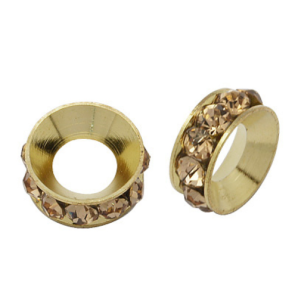 

PandaHall Brass Rhinestone Spacer Beads, Grade A, Rondelle, Light Gold Metal Color, Lt.Col.Topaz, 9x4mm, Hole: 4mm Brass+Rhinestone Rondelle..., Yellow