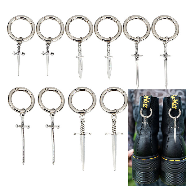 

PandaHall 12Pcs 6 Style Tibetan Style Alloy Shoe Charms, with Spring Gate Rings, Dagger, Platinum, 65~88mm, 2pcs/style Alloy Others