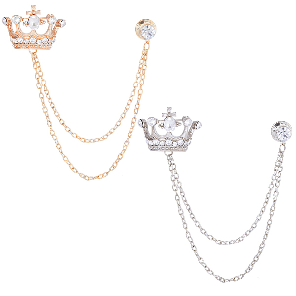 

PandaHall Gorgecraft 2Pcs 2 Colors Crystal Rhinestone Crown Hanging Chain Brooches, Men's Suit Collar Alloy Lapel Pins, Platinum & Golden..., Clear