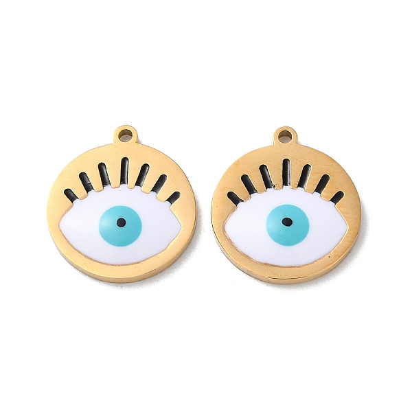 

PandaHall Ion Plating(IP) 304 Stainless Steel Pendants, with Enamel, Flat Round with Evil Eye Pattern, Golden, 17x15x1.5mm, Hole: 1.2mm..., White