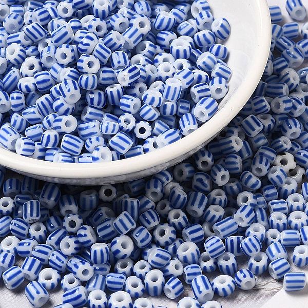 

PandaHall 6/0 Opaque Colours Seep Glass Seed Beads, Round Hole, Round with Stripe Pattern, Blue, 3~4.5x3~4.5mm, Hole: 1.2~1.5mm, about...
