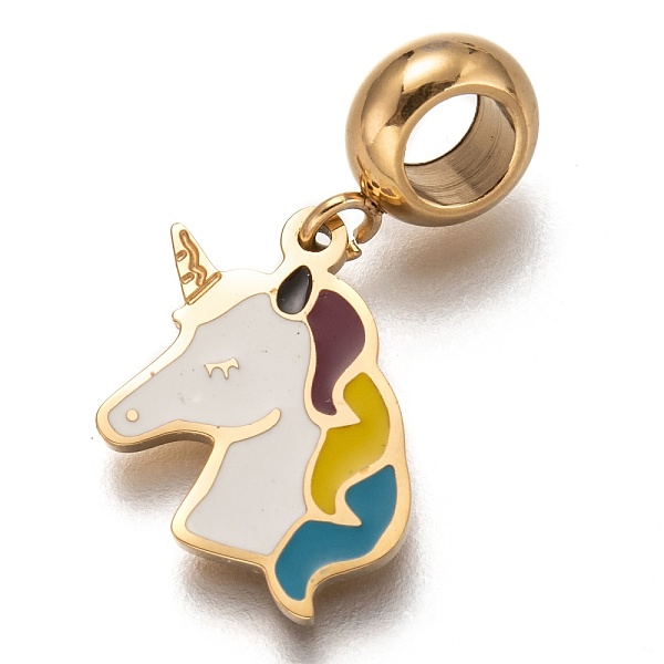 

PandaHall 304 Stainless Steel European Dangle Charms, Large Hole Pendants, with Enamel, Unicorn Shape, Golden, Colorful, 26mm, Hole: 4.5mm...