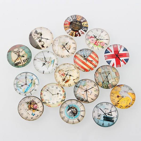 

PandaHall Clock Printed Glass Cabochons, Half Round/Dome, Mixed Color, 25x7mm Glass Half Round Multicolor