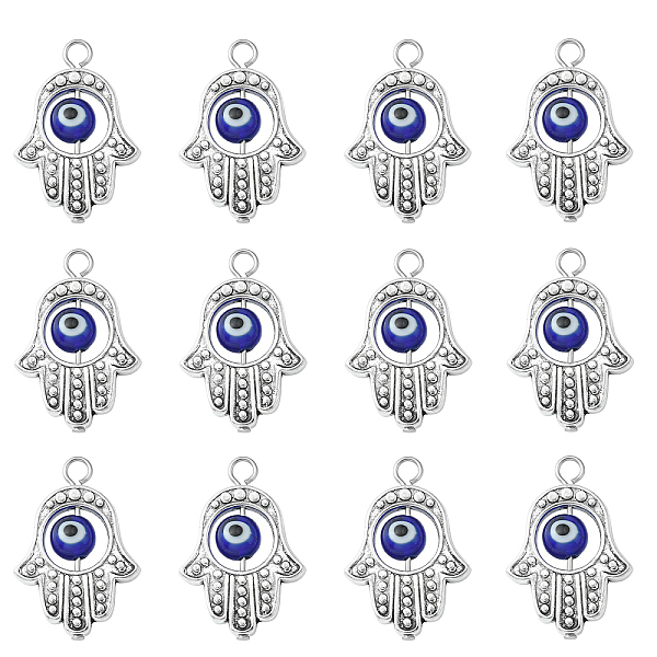 

PandaHall Alloy Lampwork Pendants, Hamsa Hand/Hand of F-atima/Hand of Miriam with Evil Eye, Antique Silver, 24.5x17mm Alloy+Lampwork Palm
