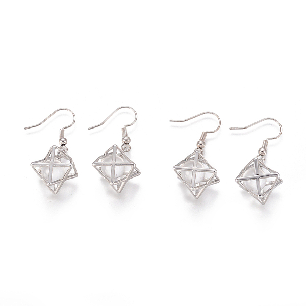 

PandaHall Natural Quartz Crystal Dangle Earrings, with Brass Findings, Round Bead Inside, Geometry, 38mm, Pin: 0.7mm Quartz Crystal