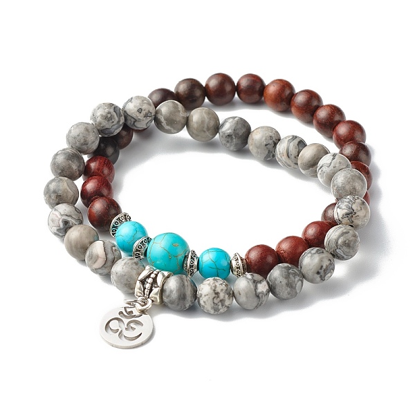 PandaHall Natural Map Jasper & Natural Wood & Synthetic Turquoise(Dyed) Stretch Bracelets Set for Girl Women, Yoga Theme Flat Round Alloy...