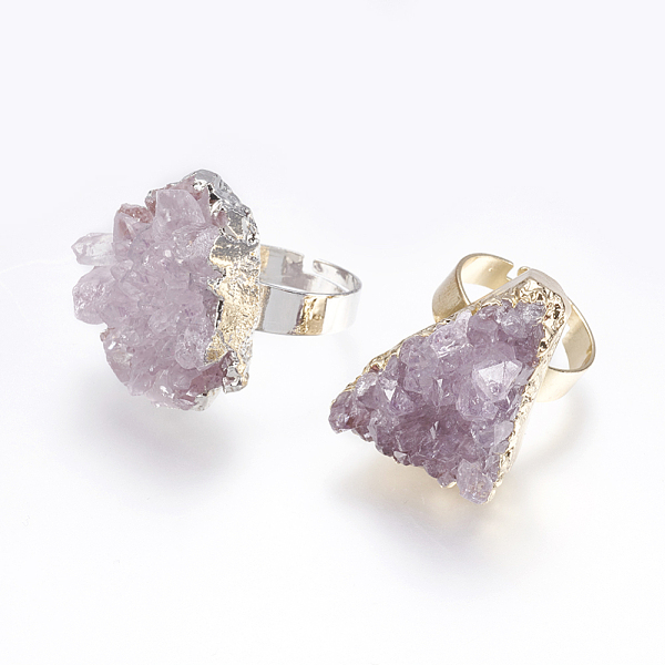 

PandaHall Adjustable Druzy Crystal Finger Rings, with Brass Findings, 18mm Quartz Crystal