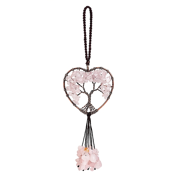 

PandaHall Wire Wrapped Chips Natural Rose Quartz Big Pendant Decorations, with Red Copper Plated Brass Wires and Nylon Cord, Heart with Tree...