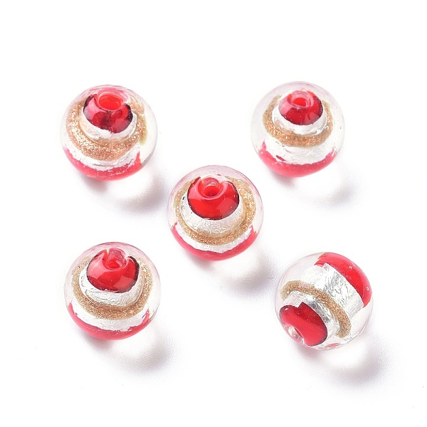 

PandaHall Handmade Silver Foil Lampwork Beads, with Gold Sand, Round, FireBrick, 12x11mm, Hole: 1.8mm Silver Foil Round Red