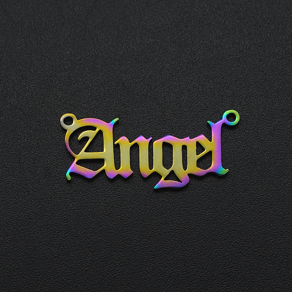 

PandaHall Ion Plating(IP) 201 Stainless Steel Links, Old English, Angel, Laser Cut, Rainbow Color, 10.5x24x1mm, Hole: 1.2mm 201 Stainless...