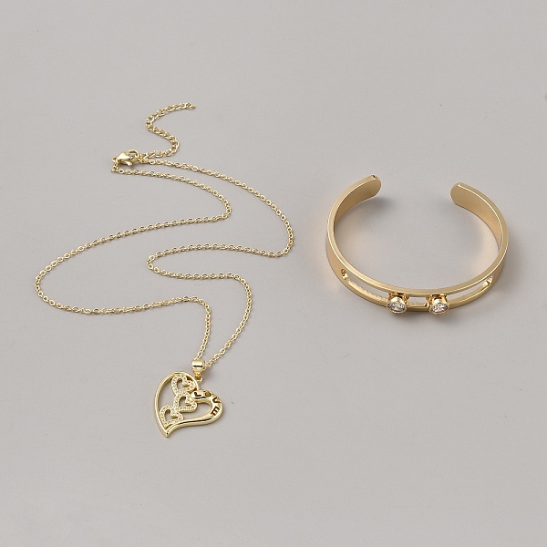 

PandaHall Brass Jewelry Set with Cubic Zirconia, Love Heart Pendant Necklaces & Cuff Bangles, Golden, 17.32 inch(44cm), 46x56.5mm, 2pcs/set..., Clear