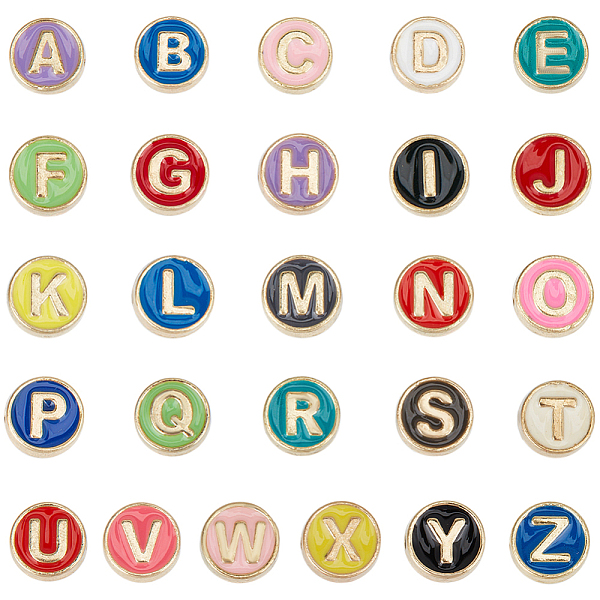 SUNNYCLUE 1 Box 52Pcs Alloy Alphabet Beads Metal Letter Bead Bulk Flat Round Initial Alloy Letters Multicolor Enamel Beads for Jewelry...