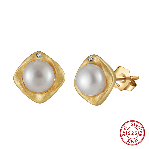 

PandaHall 925 Sterling Silver Rhombus Stud Earrings, with Natural Pearl, with S925 Stamp, Real 14K Gold Plated, 10x10mm Pearl Rhombus White