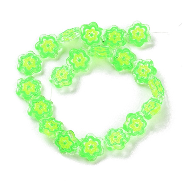 

PandaHall Glass Beads Strands, with Enamel, Flower, Lime, 18x19.5x5mm, Hole: 1.1mm, about 20pcs/strand, 14.17 inch(36cm) Glass Flower Green