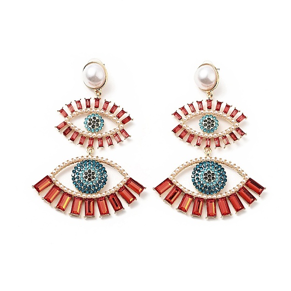 

PandaHall Rhinestone Double Evil Eye Dangle Stud Earrings with Acrylic Pearl Beaded, Light Gold Plated Alloy Long Drop Earrings for Women..., Red
