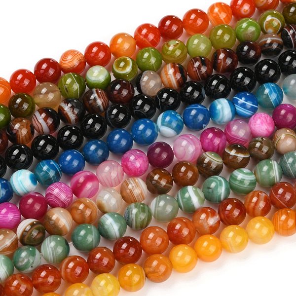 

PandaHall Natural Banded Agate/Striped Agate Beads Strands, Dyed, Round, Mixed Color, 12mm, Hole: 2mm, about 32~33pcs/strand..., Multicolor