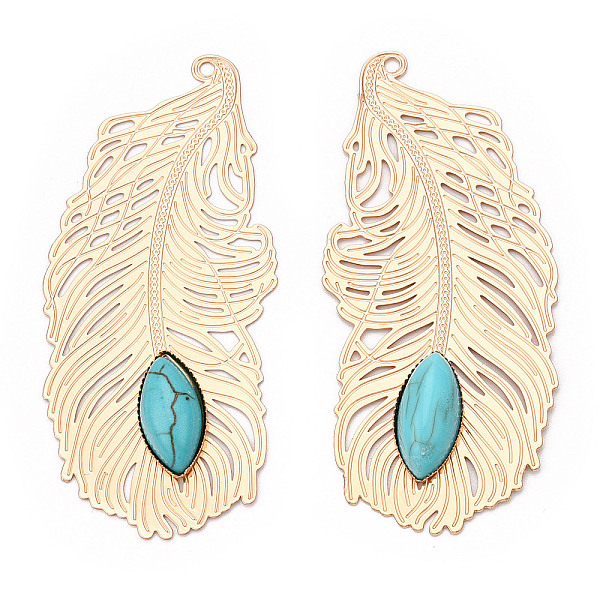 

PandaHall Brass Big Pendants, with Synthetic Turquoise, Feather Charm, Light Gold, 60x27x4.5~5.5mm, Hole: 1.6~1.8mm Brass Feather