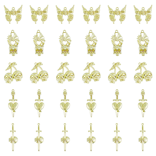 

PandaHall DICOSMETIC 40Pcs 5 Styles Halloween Theme Charms Light Gold Skull Charms Dead Butterfly Sword Heart Charms Small Cherry Skull...
