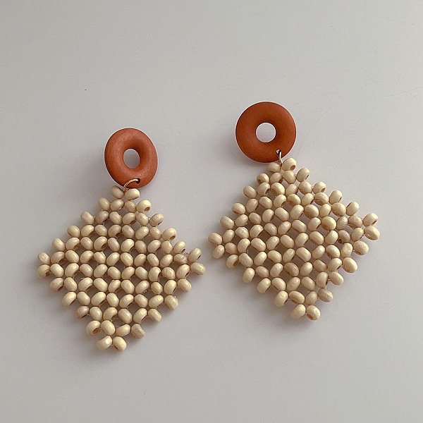 

PandaHall Woven Wood Rattan Dangle Earrings for Women, Rhombus Wood Rhombus White