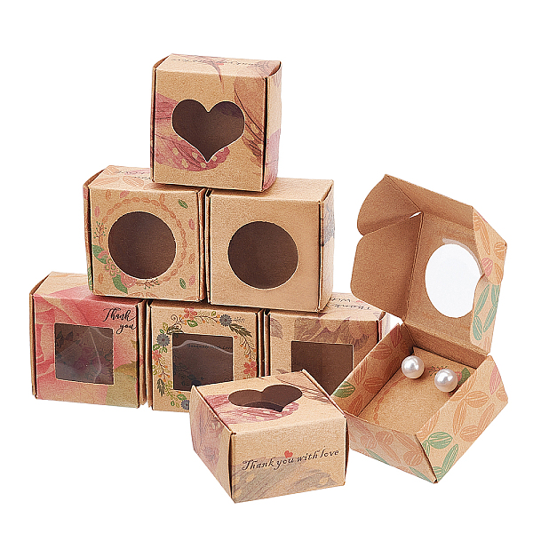 PandaHall 6 Style Floral Gift Boxes, 48pcs Square Jewellery Boxes Small Kraft Box with Clear Window Treat Favor Boxes for Valentine's Day...
