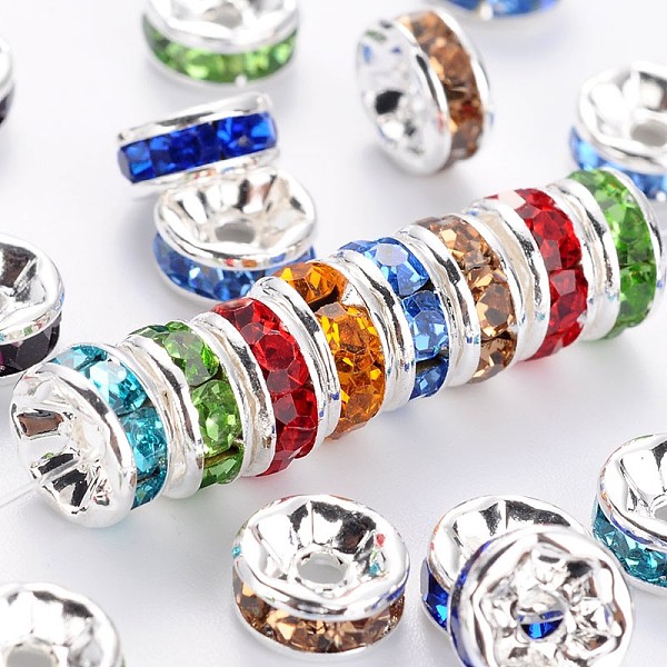 

PandaHall Brass Rhinestone Spacer Beads, Grade AAA, Straight Flange, Nickel Free, Silver Color Plated, Rondelle, Mixed Color, 7x3.2mm, Hole..., Multicolor