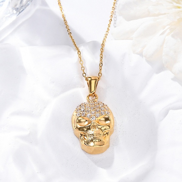 304 Stainless Steel Crystal Rhinestone Skull Pendant Necklaces