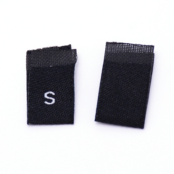 

PandaHall Clothing Size Labels, Woven Crafting Craft Labels, for Clothing Sewing, S, Black, 39x10x0.2mm, about 100pcs/bag Polyester Black