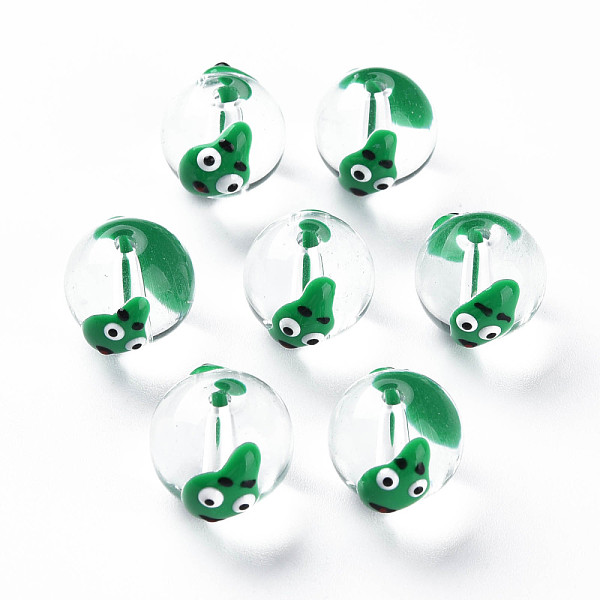 

PandaHall Transparent Glass Enamel Beads, Round with Cartoon, Green, 13.5~14x12~12.5x11.5mm, Hole: 1.6~2mm Glass Round Green