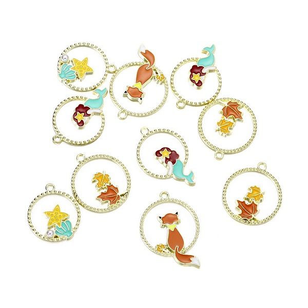 

PandaHall Golden Alloy Enamel Pendants, Ring with Meimard Starfish Fox Maple Leaf Charm, Mixed Shapes, 20~22mm Alloy+Enamel Mixed Shapes