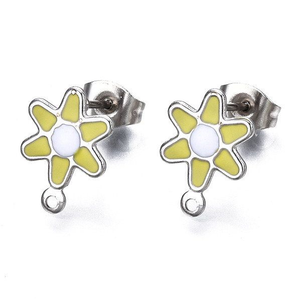 

PandaHall 304 Stainless Steel Enamel Stud Earring Findings, with Loop and Ear Nuts/Earring Backs, Flower, Yellow, 12.5x9mm, Hole: 1mm, Pin...