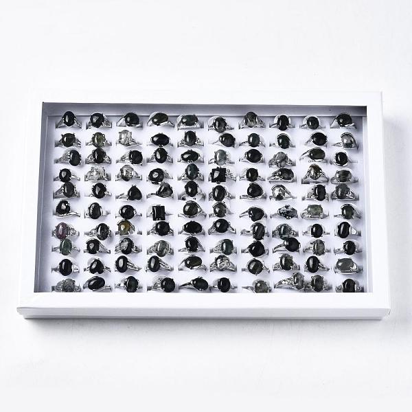 

PandaHall Natural Moss Agate Rings, with Alloy Findings, Mixed Size, 16~19mm, 100pcs/box Moss Agate