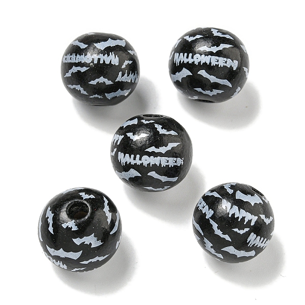 

PandaHall Printed Wood European Beads, Halloween Theme Beads, Round, Black, 19~20mm, Hole: 4mm Wood Round Black