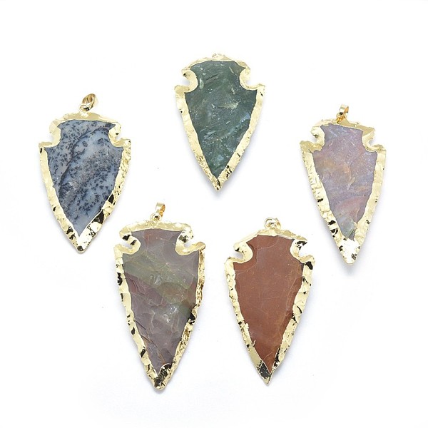 

PandaHall Natural Indian Agate Pendants, with Brass Findings, Arrowhead, Golden, 57~66x30~35x9~10mm, Hole: 5x8mm Indian Agate Triangle