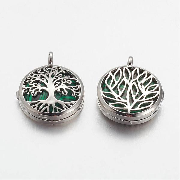 

PandaHall Synthetic Malachite Pendants, with Brass Diffuser Locket Findings, Flat Round with Tree, 31x26x8mm, Hole: 4mm Malachite Flat Round