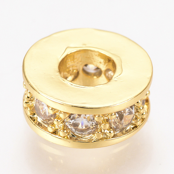

PandaHall Brass Micro Pave Cubic Zirconia Beads, Flat Round, Clear, Golden, 7x3mm, Hole: 3mm Brass+Cubic Zirconia Flat Round Clear