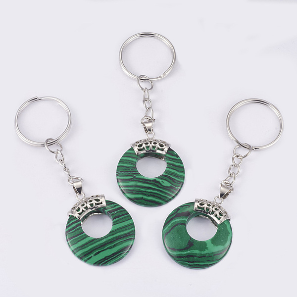 

PandaHall Synthetic Malachite Keychain, with Platinum Plated Iron Key Rings and Brass Findings, Flat Round, 84mm Malachite Flat Round