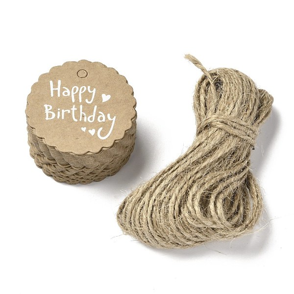 PandaHall Kraft Paper Gift Tags, Hang Tags, with Jute Twine, Flat Round with Lacework, Birthday Themed Pattern, 4.5x0.05cm, Hole: 5mm, 50pcs...