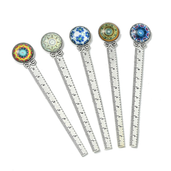 

PandaHall Mosaic Printed Glass Cabochons Bookmarks, Tibetan Style Alloy Bookmark Rulers, Antique Silver, 129x22mm Alloy