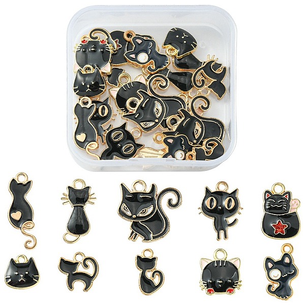 

PandaHall 20Pcs 10 Styles Alloy Enamel Charms, Cat Shape, Light Gold, Black, 11.5~24.5x11.5~20x1.5~3mm, Hole: 1.4~2mm, 2pcs/style...