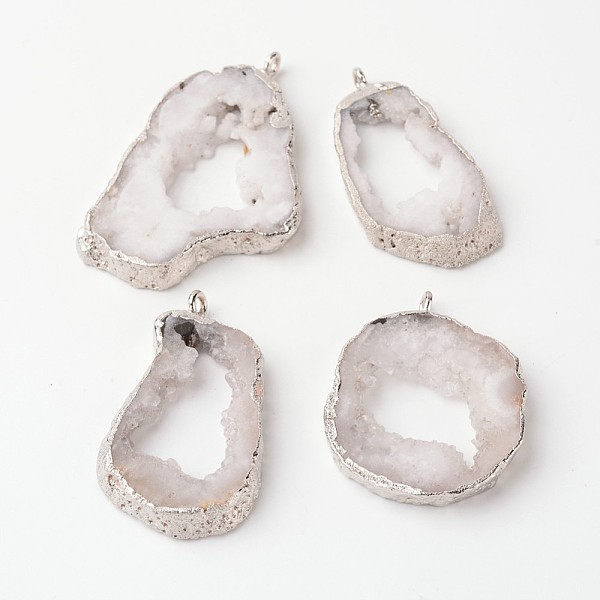 

PandaHall Natural Geode Agate Druzy Slice Pendants, Nuggets, with Brass Findings, Silver, 18~48x28~70x6~9mm, Hole: 2mm Natural Agate Nuggets