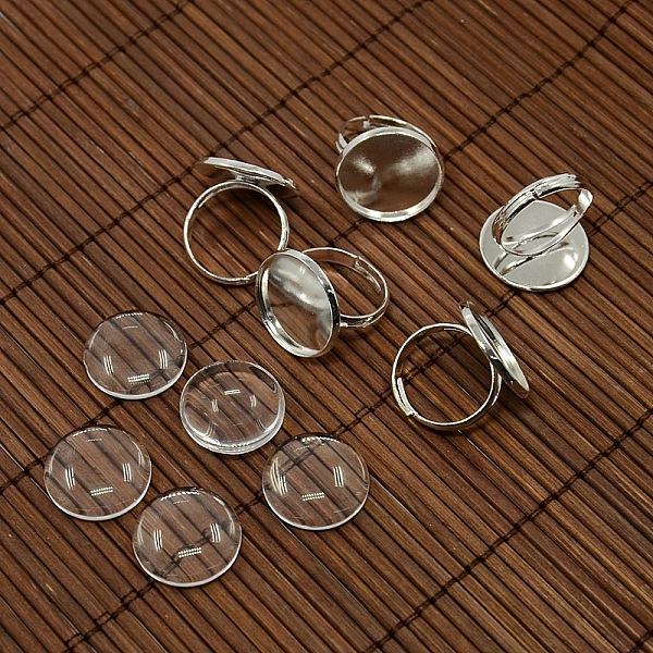 

PandaHall 18mm Clear Domed Glass Cabochon Cover and Brass Pad Ring Bases for DIY Portrait Ring Making, Silver Color Plated, Ring Bases: 17mm...