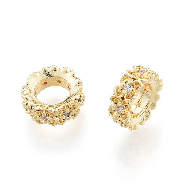

PandaHall Brass Spacer Beads, with Crystal Rhinestone, Nickel Free, Ring with Flower, Real 18K Gold Plated, 8x3mm, Hole: 4.5mm..., Clear