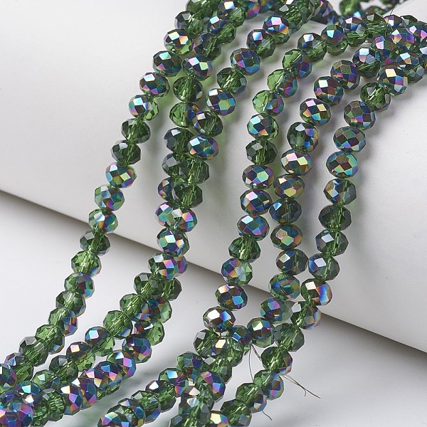 

PandaHall Electroplate Transparent Glass Beads Strands, Half Multi-color Plated, Faceted, Rondelle, Olive Drab, 4x3mm, Hole: 0.4mm, about..., Green