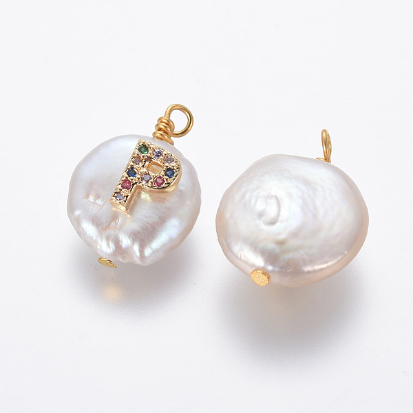 

PandaHall Natural Cultured Freshwater Pearl Pendants, with Brass Micro Pave Cubic Zirconia Findings, Flat Round with Letter, Colorful...