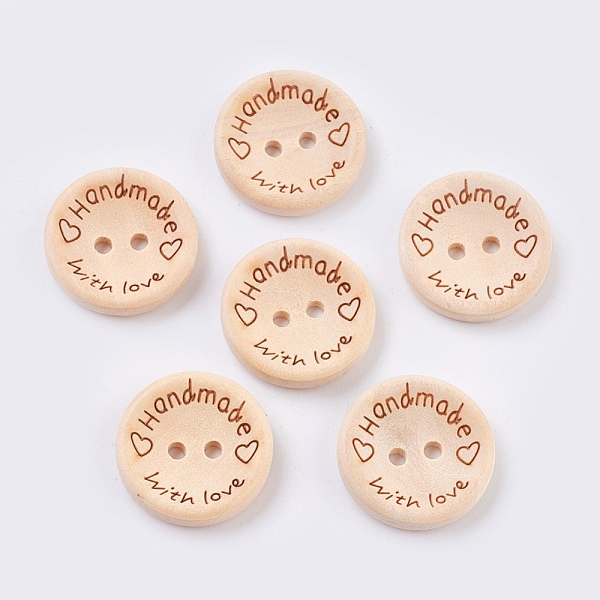 Wooden Buttons, 2-Hole, with Word, Flat Round with Word Handmade with Love, Blanched Almond, 25x4mm, Hole: 2.5mm