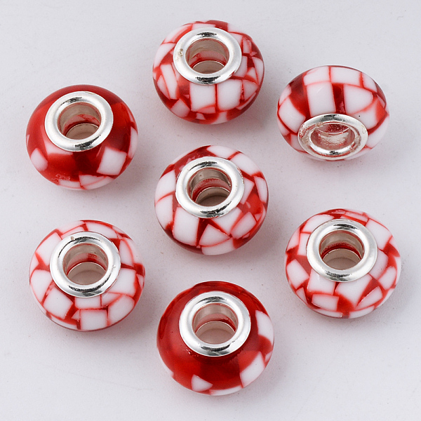 

PandaHall Resin European Beads, Large Hole Beads, with Platinum Tone Brass Double Cores, Rondelle, FireBrick, 14x9mm, Hole: 5mm Resin+Brass..., Red