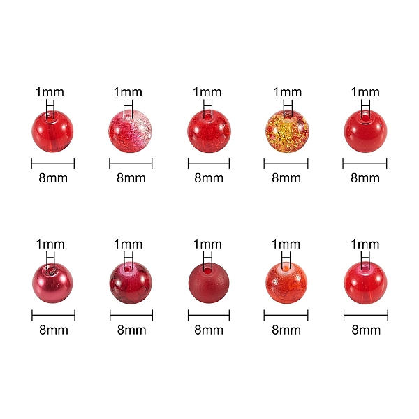 

PandaHall 200Pcs 10 Styles DIY Glass Round Beads Sets, Red, 8mm, Hole: 1mm, 20pcs/style Glass Round Red