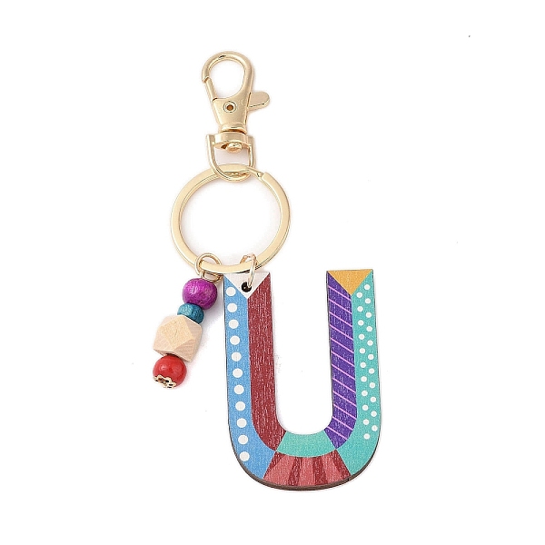 

PandaHall Wood Keychain, with Dye & Iron Key Ring, Letter U, 11.6~12.1cm Wood Letter U