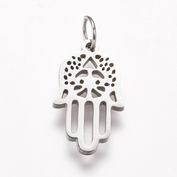 

PandaHall 316 Surgical Stainless Steel Pendants, Hamsa Hand/Hand of Fatima/Hand of Miriam, Stainless Steel Color, 17x10x1.5mm, Hole: 3.5mm...