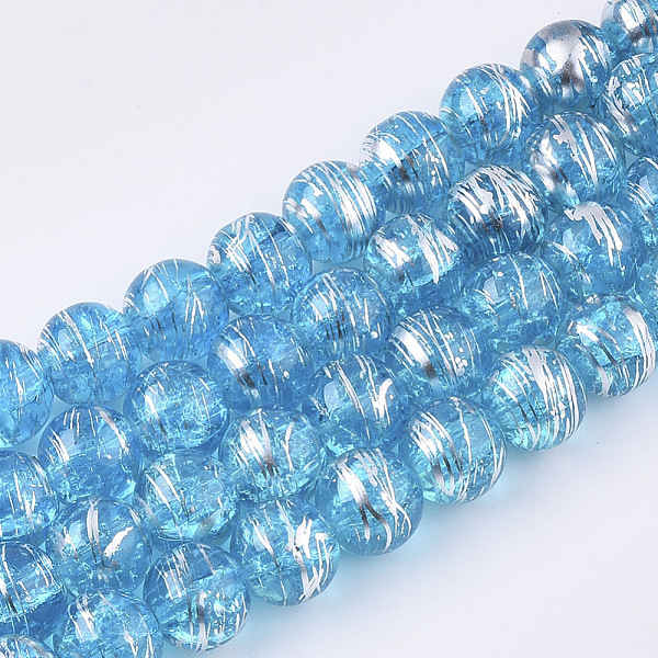 PandaHall Drawbench Transparent Glass Beads Strands, Crackle Style, Round, Deep Sky Blue, 10x9.5mm, Hole: 1.5mm, about 79~80pcs/strand, 30.3...